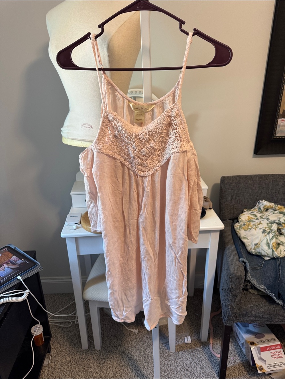 Light Pink Lace Yoke Cold-Shoulder Tunic